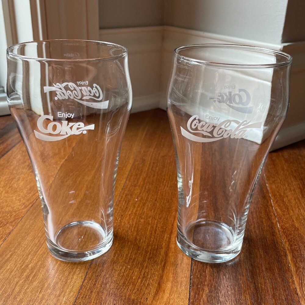 Two (2) Coca Cola Clear Glasses with White Logo